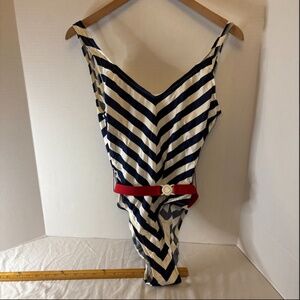 Sun Bound Swimsuit 12 VTG 80s Sears Navy Red White Sailor Belted OnePiece